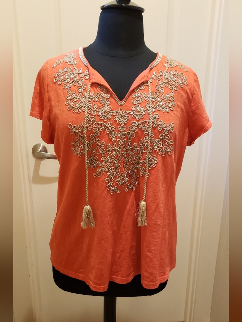 Charter Club Womens Embrodered V-neck Orange Pullover With Short Sleeves